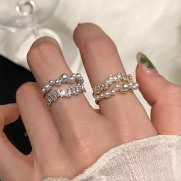 DAIIIBABYYY  -  Bling Zircon Pearl Double-layered Rings For Women Girls Vintage Exquisite Trendy Elegant Sweet Engagement Jewelry Gifts